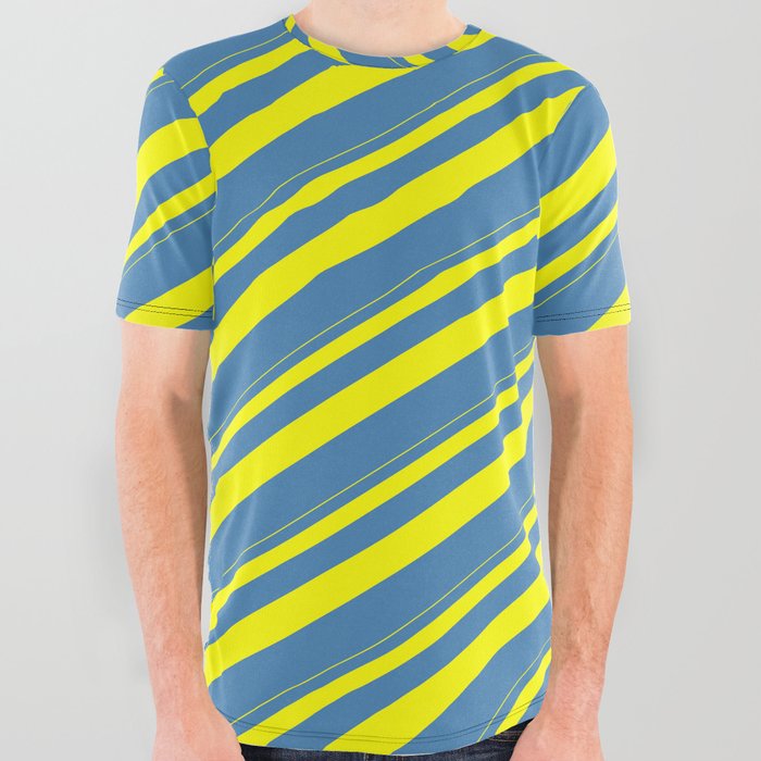 Yellow and Blue Colored Pattern of Stripes All Over Graphic Tee