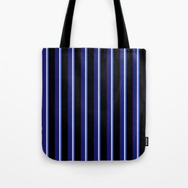 [ Thumbnail: Royal Blue, Black, Midnight Blue & White Colored Striped Pattern Tote Bag ]