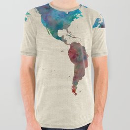 World Map Watercolor Linen Blue Red Yellow Green All Over Graphic Tee