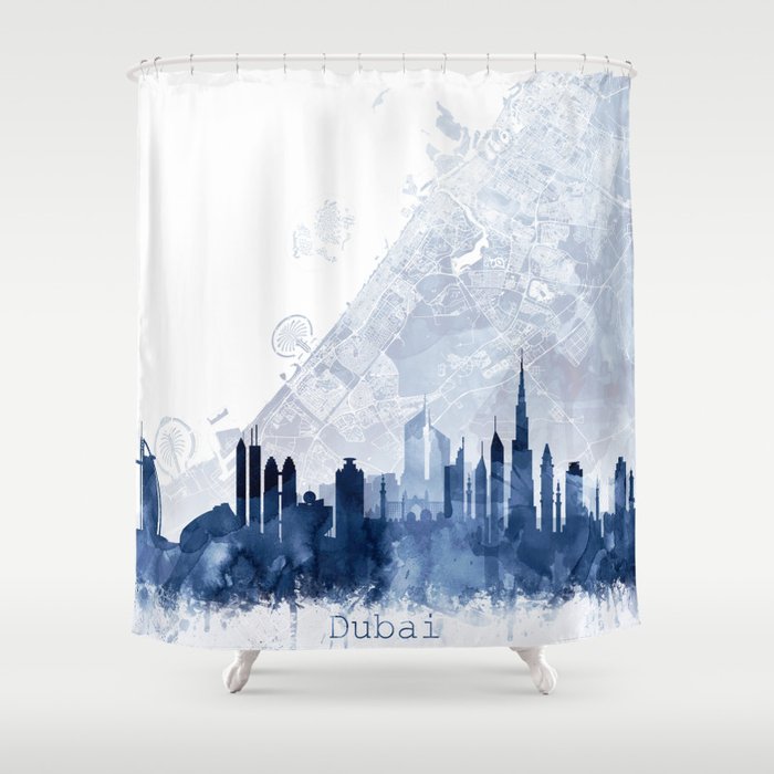 Dubai Skyline & Map Watercolor Navy Blue, Print by Zouzounio Art Shower Curtain
