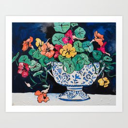Nasturtium Bouquet in Chinoiserie Bowl on Dark Blue Floral Still Life Painting Art Print
