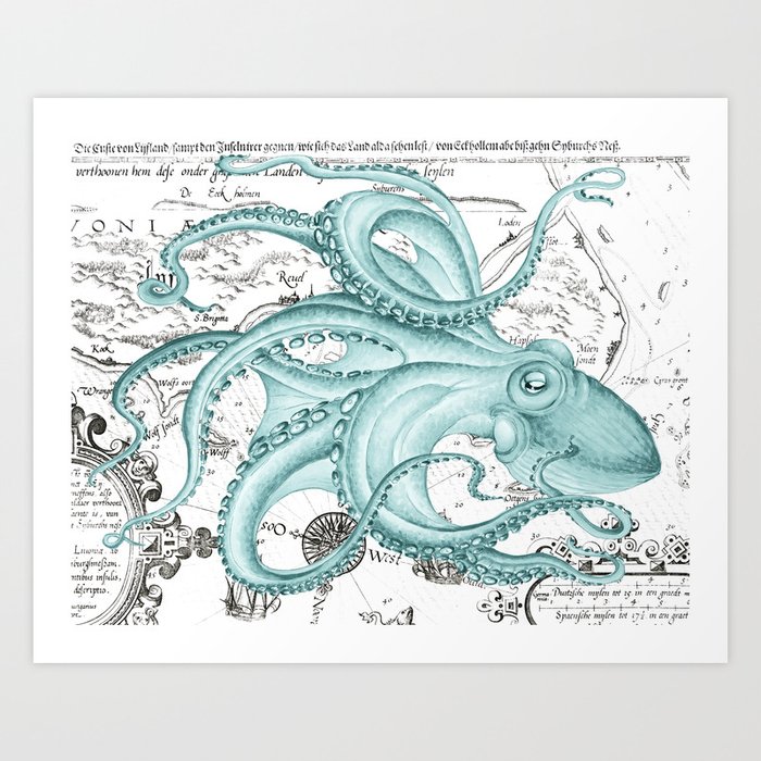 Teal Green Octopus Kraken Nautical Marine Aquatic Vintage Map Sea Art Print