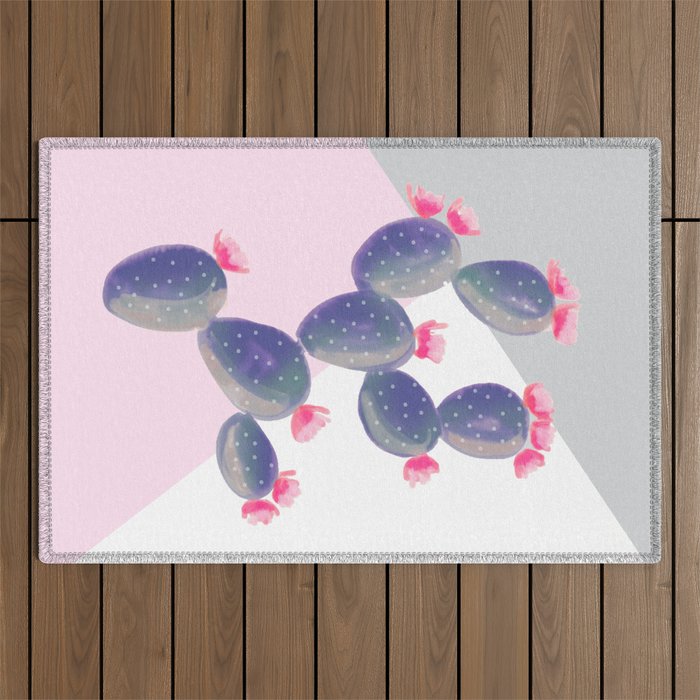 Watercolored Cactus on Geometry Outdoor Rug