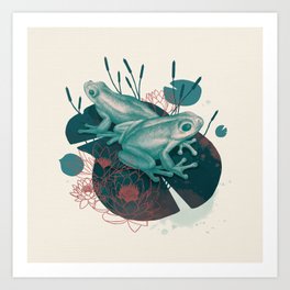 Frogs in water lilies Art Print