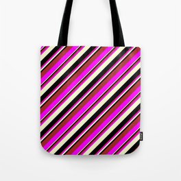 [ Thumbnail: Brown, Fuchsia, Light Yellow, and Black Colored Lines Pattern Tote Bag ]