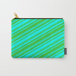 [ Thumbnail: Lime Green & Cyan Colored Stripes Pattern Carry-All Pouch ]