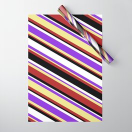 [ Thumbnail: Colorful Purple, Tan, Red, Black & White Colored Stripes Pattern Wrapping Paper ]