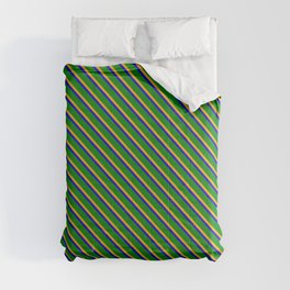 [ Thumbnail: Green, Orange & Blue Colored Striped Pattern Comforter ]