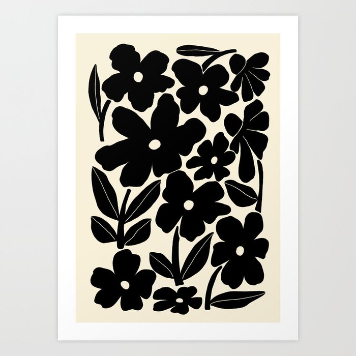 Black and White Retro Groovy Flowers  Art Print