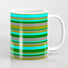 [ Thumbnail: Grey, Green, Aqua & Dark Green Colored Stripes/Lines Pattern Coffee Mug ]