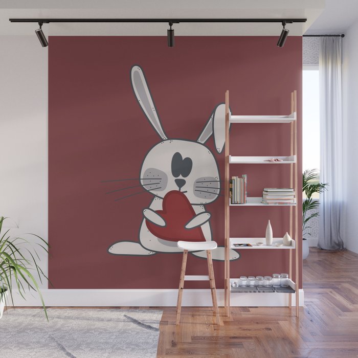 Cute bunny holding red heart Wall Mural