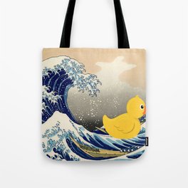 "Unsuspecting Duck," cancel culture - woke mob satirical The Great Wave off Kanagawa pop art surfing humorous seascape portrait painting Tote Bag