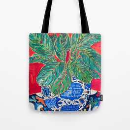 Prayer Plant in Blue-and-White Pot on Swan Table Cloth After Matisse Painting Tote Bag