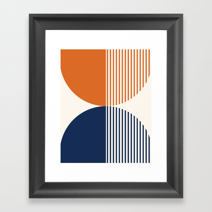 Abstraction Shapes 116 in Navy Blue Orange (Moon Phase Abstract)  Framed Art Print