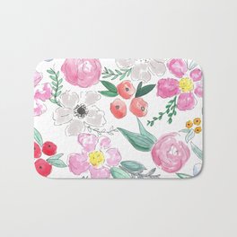 Floral Peony and Rose Watercolor Print  Bath Mat