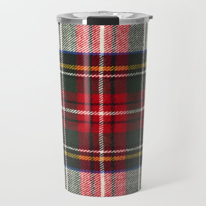 Scottish tartan pattern. Red and white wool plaid print as background. Symmetric square pattern. Travel Mug