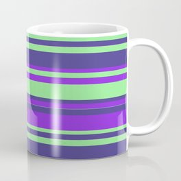 [ Thumbnail: Purple, Light Green & Dark Slate Blue Colored Lines/Stripes Pattern Coffee Mug ]