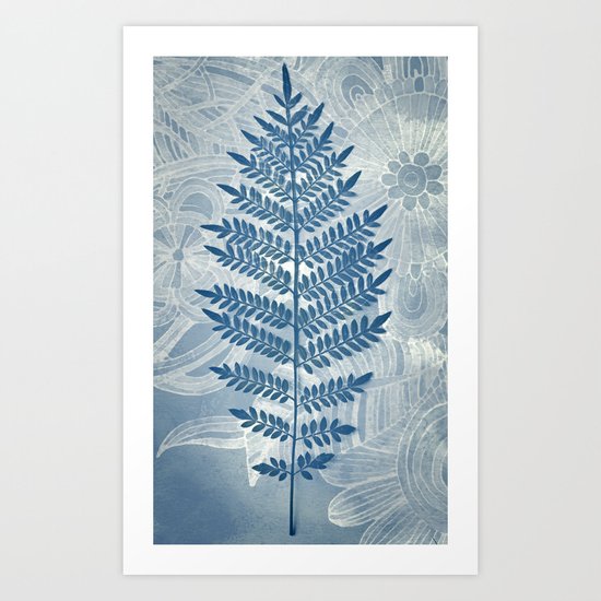 Jacaranda Leaf in Blue, Cream, Grey Art Print