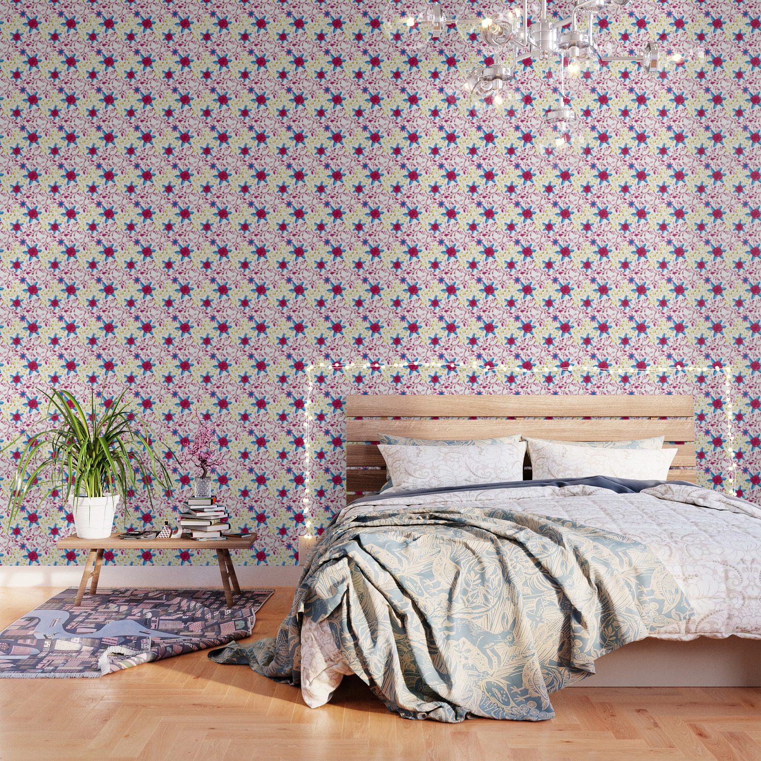 Pink Blue And Yellow Nature Inspired Print Wallpaper By