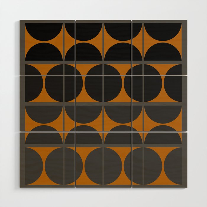 Black and Gray Gradient with Gold Squares and Half Circles Digital Illustration - Artwork Wood Wall Art