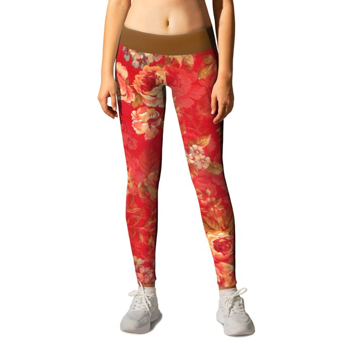 Country chic bright red pink vintage white floral Leggings