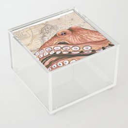 Octopus Rusty red Vintage Map Beige Nautical Acrylic Box