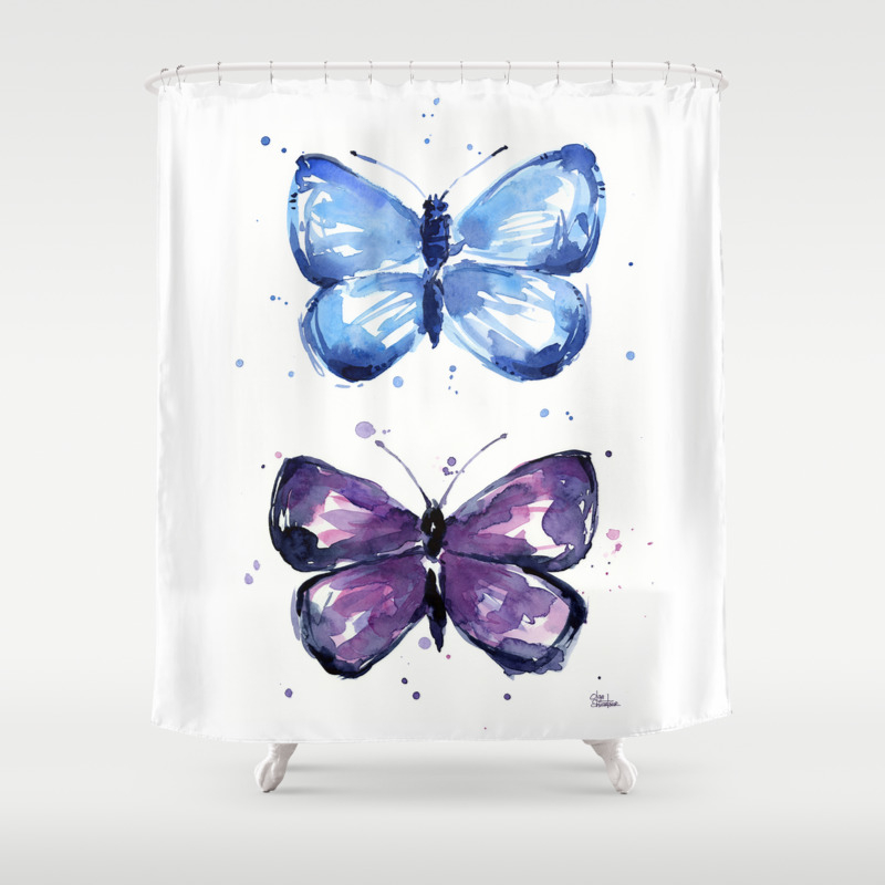 Butterflies Watercolor Blue And Purple Butterfly Shower Curtain By