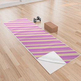 [ Thumbnail: Tan & Orchid Colored Lined Pattern Yoga Towel ]