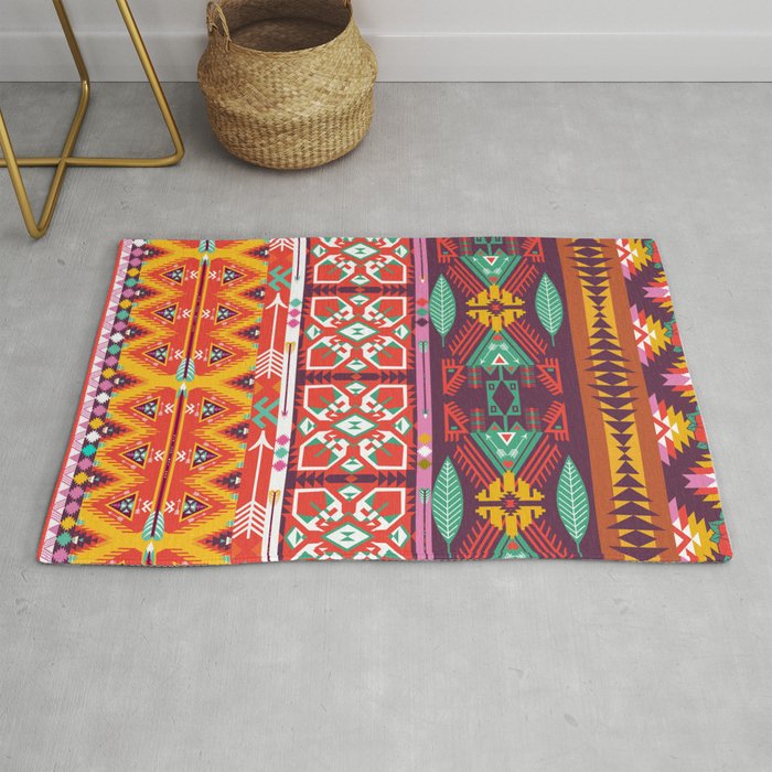 Seamless colorful aztec carpet with birds,flowers and arrow Rug