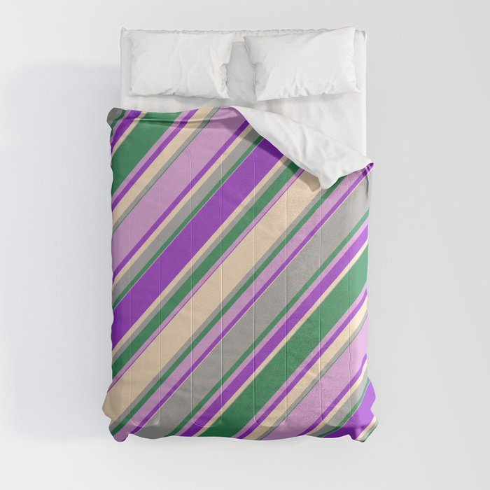 Colorful Dark Orchid, Bisque, Dark Gray, Sea Green & Plum Colored Lines Pattern Comforter