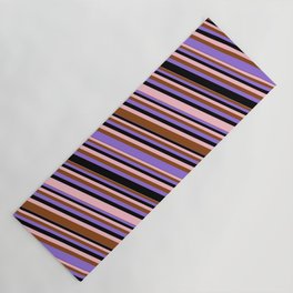 [ Thumbnail: Pink, Brown, Purple & Black Colored Lined Pattern Yoga Mat ]