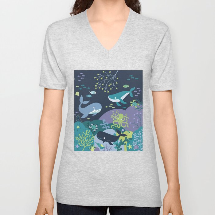 Whale Paradise Seascape - Cute SeaLife pattern by Cecca Designs V Neck T Shirt