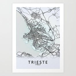 Trieste, Italy, White, City, Map Art Print | Landscape, Graphicdesign, Minimal, Art, River, Print, White, Land, Grey, Map 