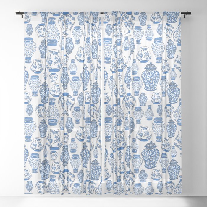 Chinoiserie Blue and White Jars Sheer Curtain