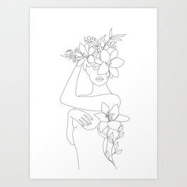 Minimal Line Art Woman with Flowers VI Art Print