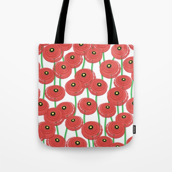 Modern Poppy Flowers Pattern // Poppy Red, Green, Black and White Tote Bag