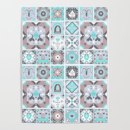 Abstract Geometrical Pink Teal Gray White Tribal Mosaic Poster