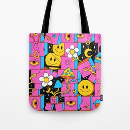 Pink Trippy Eye Blocks With White Flowers, Smileys and Mushrooms Tote Bag