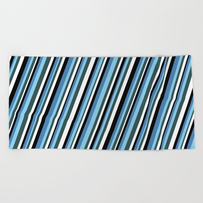 Eyecatching Blue, Sky Blue, Dark Slate Gray, White, and Black Colored Stripes Pattern Beach Towel