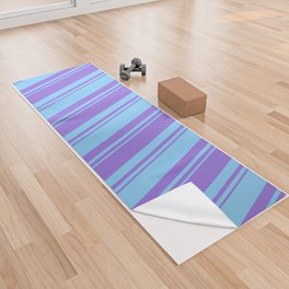 [ Thumbnail: Light Sky Blue & Purple Colored Striped/Lined Pattern Yoga Towel ]