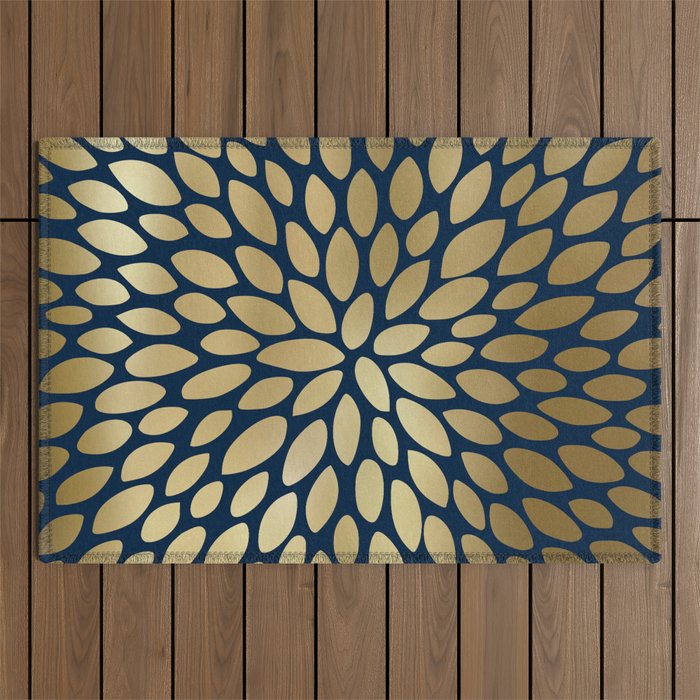 Gold and Navy Floral Bloom Outdoor Rug