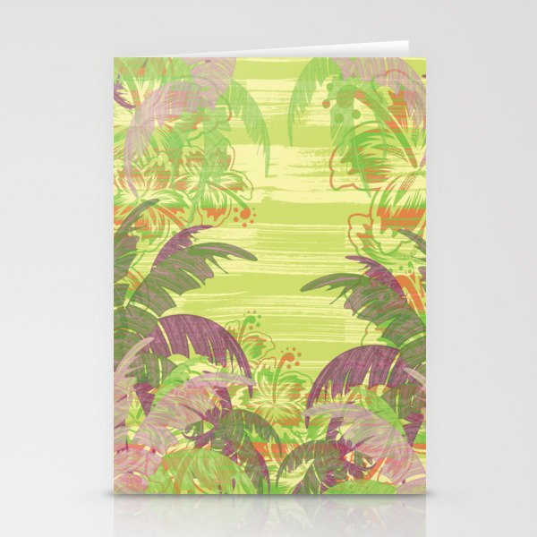 Polynesian Palm Trees And Hibiscus Green Jungle Abstract Stationery Cards