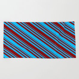 [ Thumbnail: Deep Sky Blue and Dark Red Colored Lined Pattern Beach Towel ]