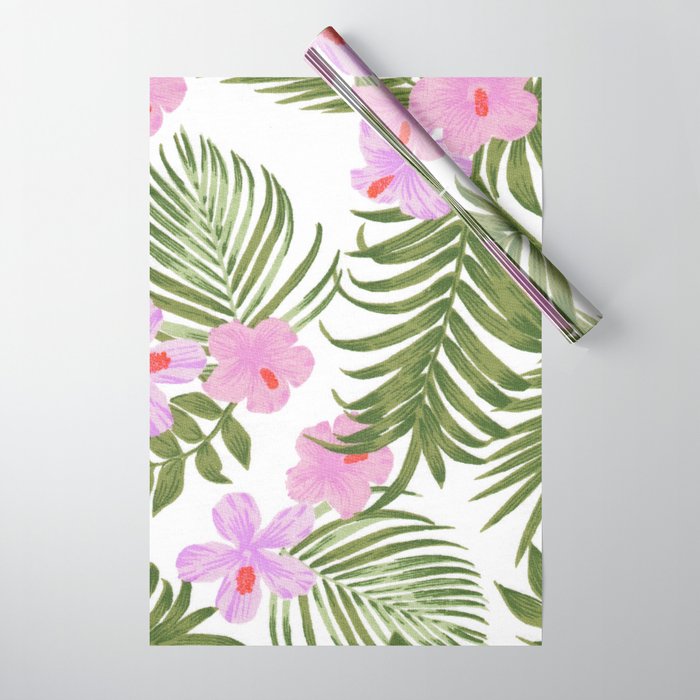 Modern pink green palm tree tropical floral Wrapping Paper by Pink Water