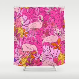 Flamingos on a background of tropical leaves and flowers. Seamless pattern. Flamingo cartoon element Shower Curtain