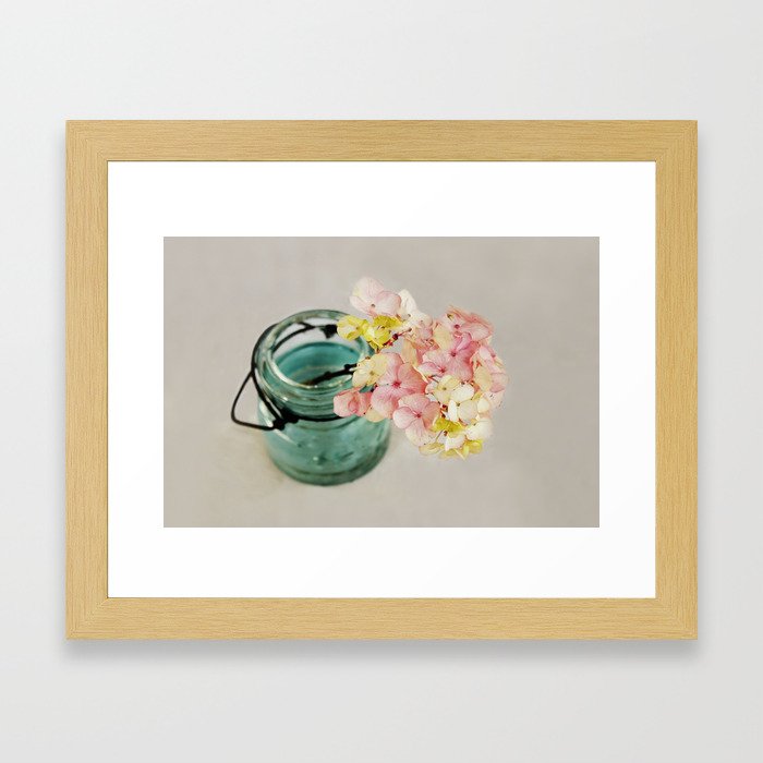 Pink and Yellow Hydrangeas on Taupe Framed Art Print