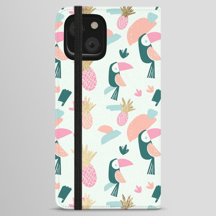 Summer Tropical Gold Pineapple Pink Green Toucan Brushstrokes iPhone Wallet Case