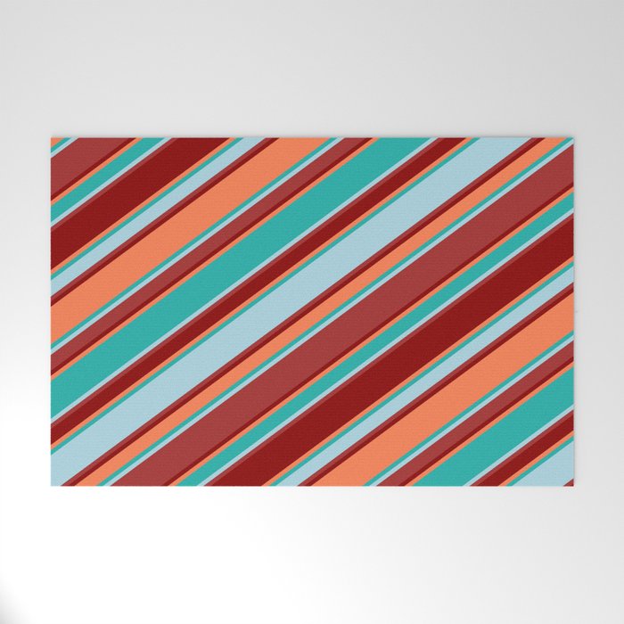 Light Sea Green, Light Blue, Brown, Dark Red & Coral Colored Stripes/Lines Pattern Welcome Mat