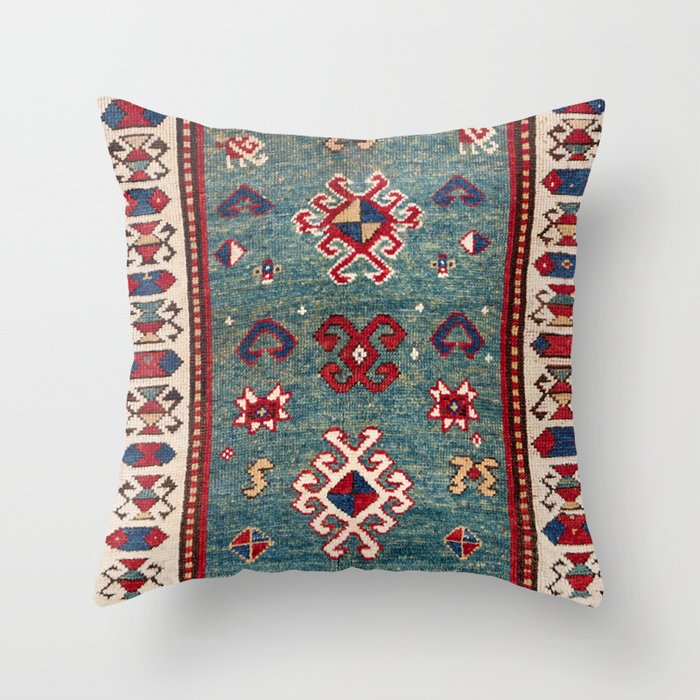 Chevron Stars // 19th Century Colorful Steel Blue Light Green Teal Checkered Ornate Accent Pattern Throw Pillow