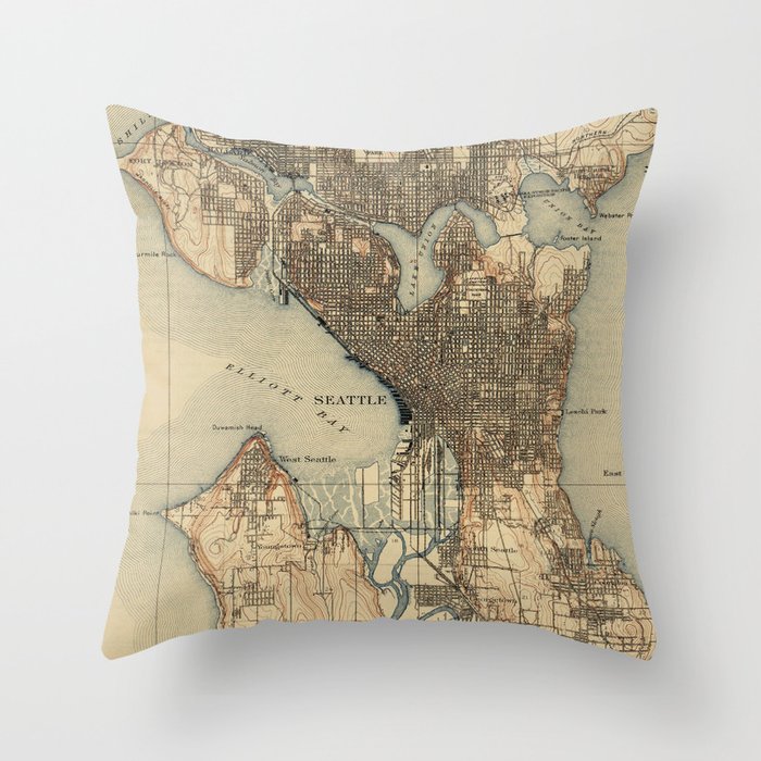 Vintage Map of Seattle Washington (1908) 2 Throw Pillow